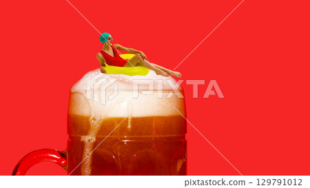 Bold poster. Swimmer on foamy beer mug with surreal summer vibe Bold poster. Swimmer on foamy beer mug with surreal summer vibe 129791012