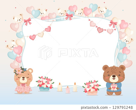 Valentine frame with teddy bears hearts and balloons 129791248