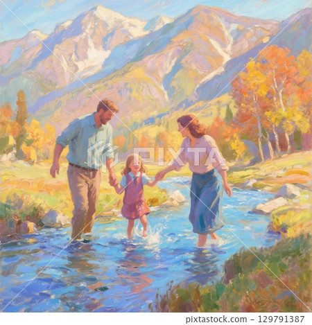 Portrait-style illustration of a family of three enjoying autumn nature 129791387