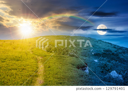 mountain landscape on mid summer. day and night time change concept. green hill and blue sky. scenic nature background for travel in alpine scenery. peaceful view with sun and moon at twilight mountain landscape on mid summer. day and night time change concept. green hill and blue sky. scenic nature background for travel in alpine scenery. peaceful view with sun and moon at twilight 129791401