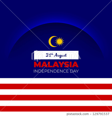 Square social media post template for Malaysia Independence day with blue background red white stripes, shadow cut line. Vector holiday graphic banner design. 31 August Independence Day Malaysia text 129791537