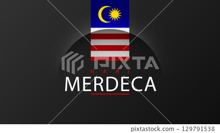 Template for Malaysia Independence day with black background red white stripes, moon and star on blue, shadow cut line. Vector holiday graphic banner design. Hari Merdeka text 129791538