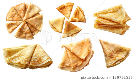 Crepe crepes batter dessert on transparent cutout, PNG file. Many assorted different angles, stack, pile, slice fold, flay lay. Mockup template for artwork 129791555
