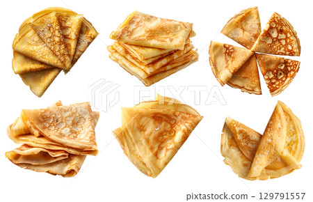 Crepe crepes batter dessert on transparent cutout, PNG file. Many assorted different angles, stack, pile, slice fold, flay lay. Mockup template for artwork 129791557