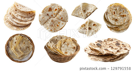 Tortilla tortillas flatbread bread bun on transparent cutout, PNG file. Many assorted different angles, stack, pile, fold. Mockup template for artwork design 129791558