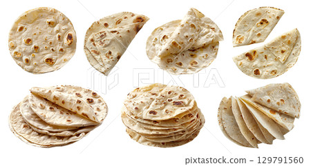 898762115Tortilla tortillas flatbread bread bun on transparent cutout, PNG file. Many assorted different angles, stack, pile, fold. Mockup template for artwork design	 129791560
