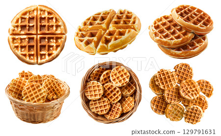 Round circle Waffle waffles wafel batter dessert on transparent cutout, PNG file. Many assorted different angles, stack, basket, broken, pile, cube, slice. Mockup template for artwork 129791631