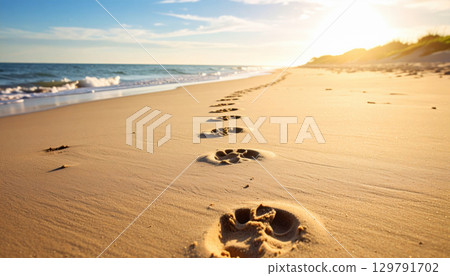 Footprints in sand lead towards ocean, illuminated by warm sunset. tranquil scene evokes sense of peace and connection with nature, inviting reflection and serenity 129791702
