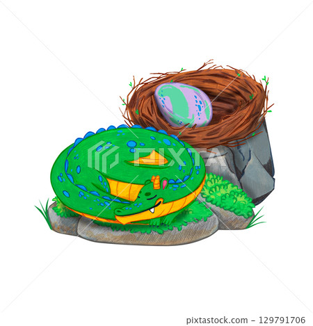 Green dragon sleeping grass beside a brown nest and purple dragon egg. Watercolor illustration magical creatures, a fairy tale. Suitable for books, fantasy themes, postcards, stickers, posters. Green dragon sleeping grass beside a brown nest and purple dragon egg. Watercolor illustration magical creatures, a fairy tale. Suitable for books, fantasy themes, postcards, stickers, posters. 129791706