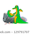 Big green dragon with yellow belly plays with small baby dragon near stones and egg. Watercolor illustration magical creatures, a fairy tale. Mother. Suitable for books, fantasy themes, postcards. 129791707