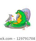 Green dragon with yellow belly sits on green grass beside a grey bird and a large purple cracked egg on stones. Watercolor illustration friends. Suitable for children products, fantasy books, posters. 129791708