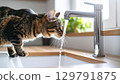 Curious cat leans over kitchen sink, drinking from flowing faucet. scene captures playful nature of pet, with sunlight illuminating space and greenery in background 129791875