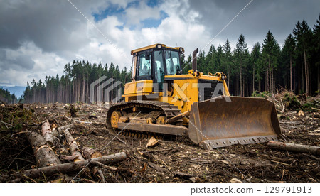 Yellow bulldozer is positioned in deforested area, surrounded by tree stumps and logs, under cloudy sky. scene conveys sense of industrial activity and environmental change 129791913