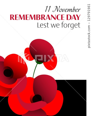Vector illustration of remembrance day vertical poster with red poppy flowers on white and black rectangle 129791981