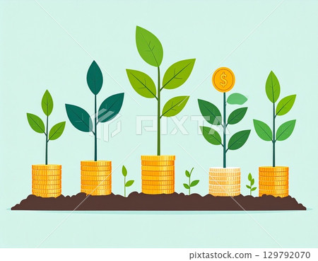 Flat illustration of money and assets growing Credit card and banknotes 129792070