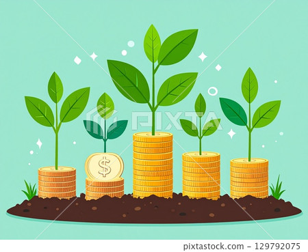Flat illustration of money and assets growing Credit card and banknotes 129792075