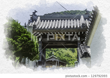 Watercolor painting of the 73rd temple of the 88 Shikoku temples, the main gate of the Deshikaji Temple, Zentsuji City, Kagawa Prefecture 129792093