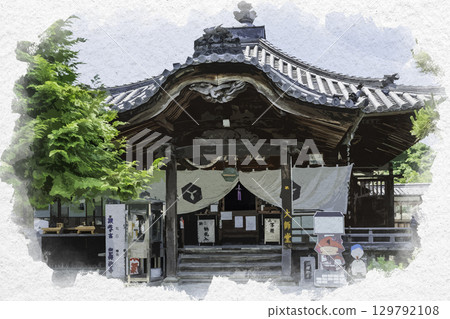 Watercolor painting of Daishido Hall at Dashakaji Temple, Zentsuji City, Kagawa Prefecture, 73rd of the 88 Shikoku Temples 129792108