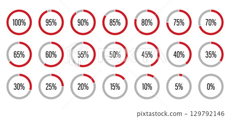 Percentage infographics elements set. Red, black and grey color fill divided pie charts indicator layout. Round diagrams icons for infographics from 0 to 100 percent. Circle graph loading progress 129792146
