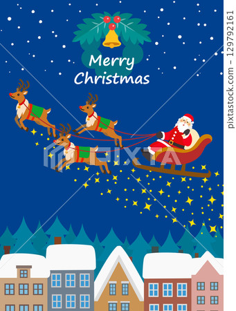 Christmas material: Reindeer and Santa Claus walking through a snowy town. Sparkling. Christmas material: Reindeer and Santa Claus walking through a snowy town. Sparkling. 129792161