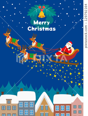 Christmas material: Reindeer and Santa Claus walking through a snowy town. Sparkling. Christmas material: Reindeer and Santa Claus walking through a snowy town. Sparkling. 129792164