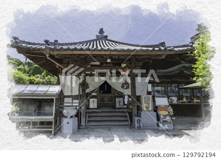 Watercolor painting of the 73rd temple of the 88 Shikoku temples, main hall of the Deshikaji Temple, Zentsuji City, Kagawa Prefecture 129792194