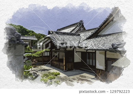 Watercolor painting of the 73rd temple of the 88 Shikoku temples, Deshikaji Temple, Zentsuji City, Kagawa Prefecture 129792223