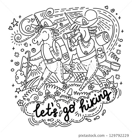 Funny hiking unicorns vector doodle illustration Funny hiking unicorns vector doodle illustration 129792229