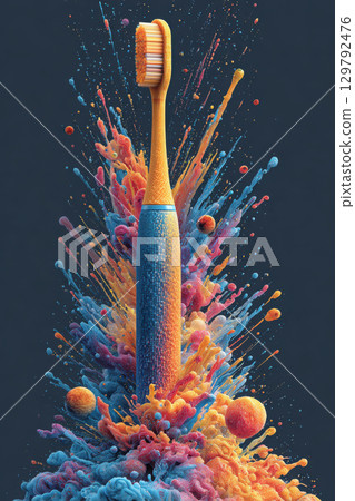 Colorful toothbrush with vibrant paint splash background artistic 129792476