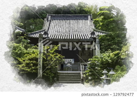 Watercolor painting of the 74th temple of the 88 Shikoku temples, Koyama-ji Temple, main hall, Zentsuji City, Kagawa Prefecture 129792477