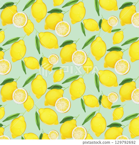 Seamless 3D Lemon Fruit Pattern on light green Background 129792692