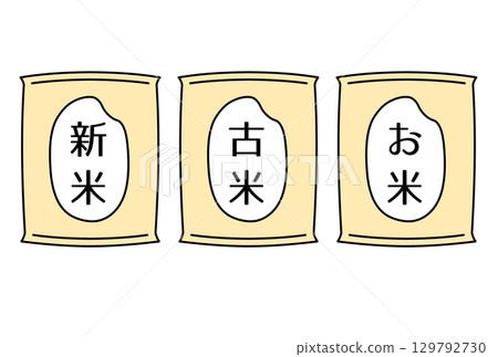 帶有新米、陳米和米粒圖案的簡易米袋插圖素材 129792730