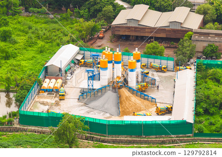Top view of concrete mixing silo, site construction facilities. 129792814
