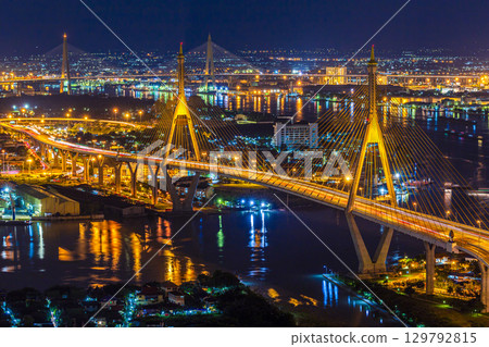 Bangkok City - Beautiful night Chao Phraya river view of Bhumibol Bridge, Thailand. Bangkok City - Beautiful night Chao Phraya river view of Bhumibol Bridge, Thailand. 129792815