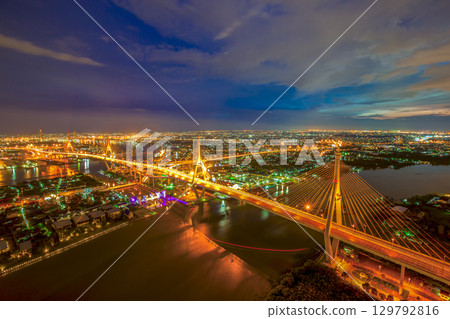 Bangkok City - Beautiful sunset view of Bhumibol Bridge,Thailand 129792816