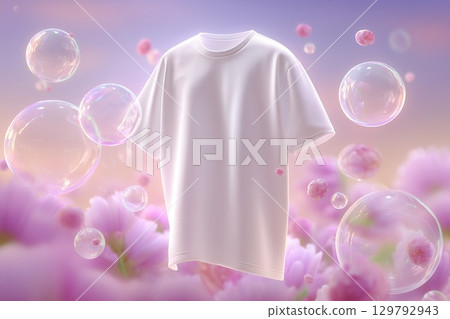 A clean white T-shirt with a background of bubbles and flowers. Image material for advertising laundry detergent and fabric softener 129792943