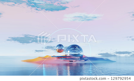 3D render, floating glass spheres on pastel island with surreal reflections 129792954