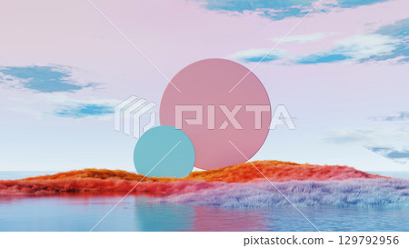3D render, abstract pastel circle sculptures on colorful island with water reflection 129792956