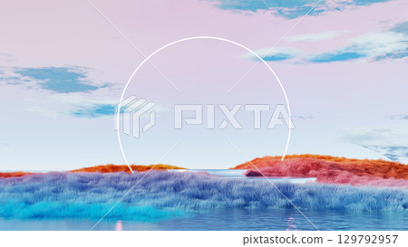 3D render, minimal abstract glowing arch on colorful surreal island with water reflection 3D render, minimal abstract glowing arch on colorful surreal island with water reflection 129792957