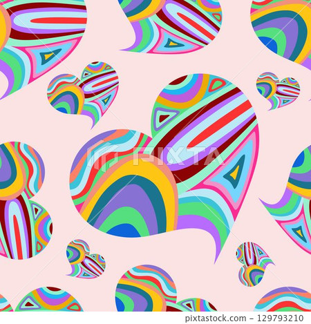 Groovy Hearts Seamless Pattern. Psychedelic Distorted Vector Background in 1970s-1980s Hippie Retro Style for Print on Textile, Wrapping Paper, Web Design and Social Media. Pink and Purple Colors. 129793210