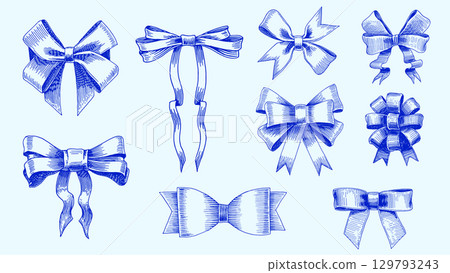 Ribbon gift bow in hand drawn, engraving style. Collection of decorative holiday elements for 129793243