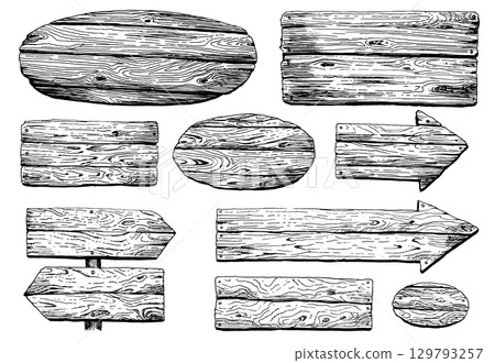 Set of different wooden frame signs, Arrow and directional boards, posts or banners, rustic Set of different wooden frame signs, Arrow and directional boards, posts or banners, rustic 129793257