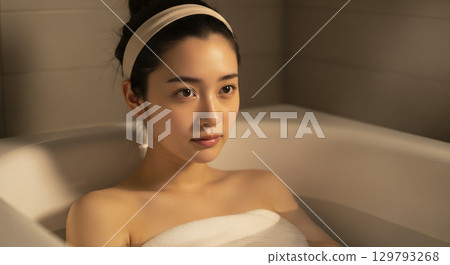 一位年輕女子在浴缸裡泡澡 129793268