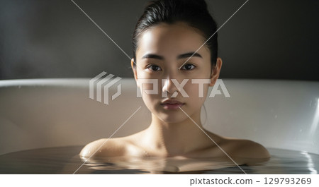 一位年輕女子在浴缸裡泡澡 129793269
