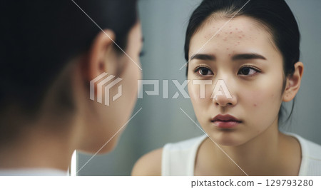 年輕女子擔心皮膚粗糙和痤瘡 129793280