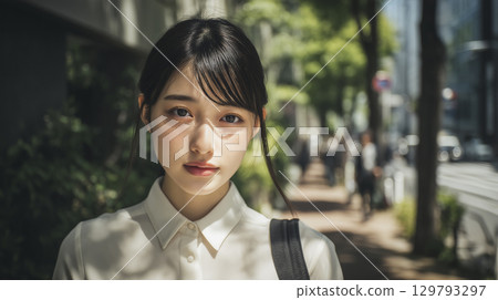 A woman walking along a street 129793297