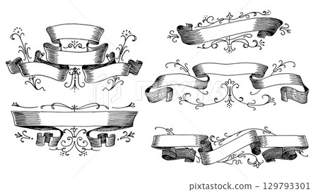 Set of scroll ribbon banners in Barocco style. Hand drawn engraving for your text in vintage 129793301