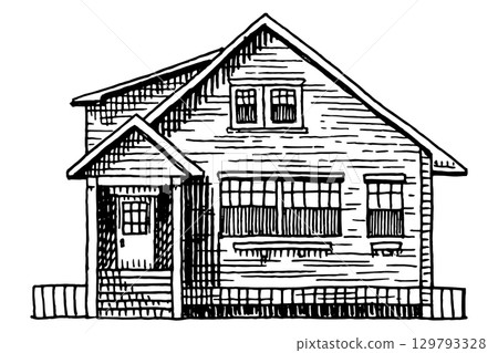 American or European house, French villa and mansion. Hand drawn, engraved building with one or two 129793328