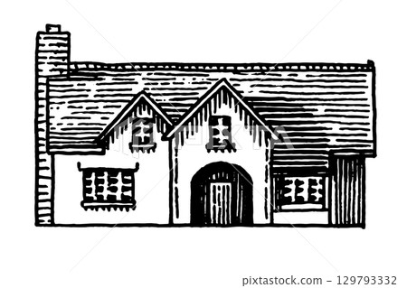 American or European house, French villa and mansion. Hand drawn, engraved building with one or two American or European house, French villa and mansion. Hand drawn, engraved building with one or two 129793332