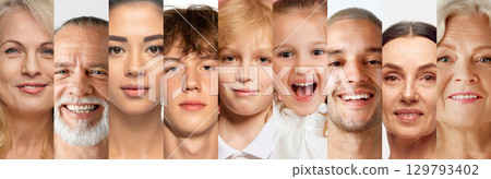 Collage with portraits of diverse people of different ages on neutral background 129793402